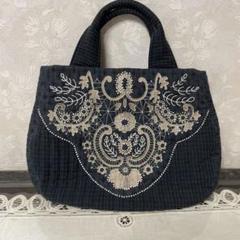 レースモラ刺繍入りダークグレーコットンバッグ レースモラ刺繍入りダークグレーコットンバッグ