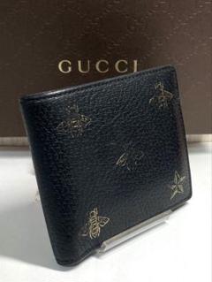 GUCCI 二つ折り財布 黒 レザー 蜂のモチーフ GUCCI 二つ折り財布 黒 レザー 蜂のモチーフ