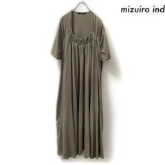 mizuiro ind ミズイロインド★半袖ワンピース 首元シャーリング カーキ
