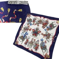 【美品】正規品　エルメス　シルクスカーフ　太陽王の祝福　総柄　花柄　ネイビー　白