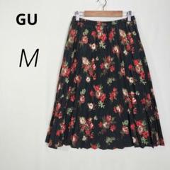 c7107【ＧＵ】ひざ丈 プリーツスカート M黒 花柄 ウエストゴム