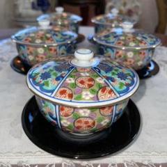 明治から大正 丸福 伊万里染錦蓋付き茶碗 五客 セット 明治から大正 丸福 伊万里染錦蓋付き茶碗 五客 セット 美術品