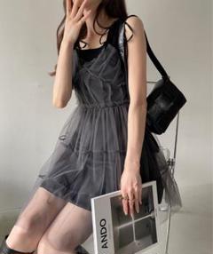 シースルー ティアード キャミワンピース ブラック