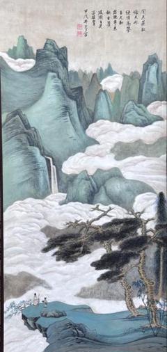 水墨画　掛軸　西嶺春雲図 謝光力画　中国　絵画　山水　張大千大風堂　カラー 水墨画掛軸西嶺春雲図 謝光力画中国絵画山水張大千大風堂カラー