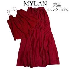 【美品】マイラン/MYLAN リネン100% サロペット　ワンピース　リボン　赤 美品】マイラン/MYLAN リネン100% サロペット ワンピース リボン