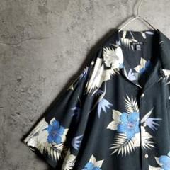 アロハシャツ　ブルーハイビスカス　黒　総柄　レーヨンシャツ　XL アロハシャツ ブルーハイビスカス 黒 総柄 レーヨンシャツ XL