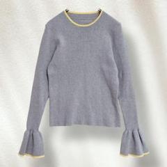 フリル袖 リブニット カットソー S イエローライン グレー 【1911】