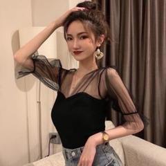 パフスリーブ 黒 シアー レディース 大人かわいい ワンサイズ ニット