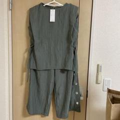 リネンライクブラウス リネンライクワイドパンツ セットアップ　グリーン色