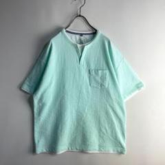 シアサッカー レイヤード 半袖 Tシャツ キーネック 重ね着 ミントグリーン