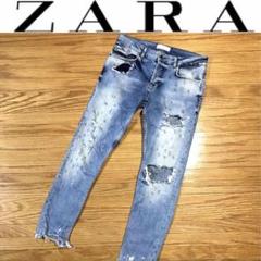 希少ザラZARAメンズ クラッシュスキニーデニムパンツブリーチストレッチパンツ夏