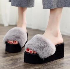 『22~22.5cm』ファーサンダル グレー レディース 厚底 美脚効果☆