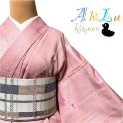 【E687】洗える着物 小紋 袷 ピンク 化繊 対象身長～159㎝ シンプル柄