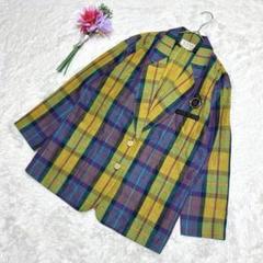 80s〜90s チェック 総柄テーラードジャケット ワッペン 金ボタン 綿麻