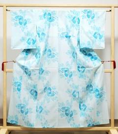 B 美品 夏物 涼し気な花模様 水色 青 化繊 薄物 絽 紗 小紋 着物