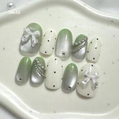 つぅ グリーンマグネットリボンネイルチップ 当日発送】3D水光ネイルグリーンピンクマグネットシェルショート
