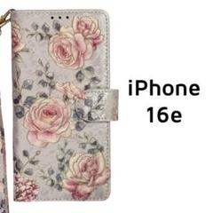 iPhone16e 手帳ケース グレー ホログラム ローズ /