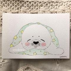 原画　水彩画　アザラシ　お昼寝　ポストカード　手描きイラスト　アナログイラスト
