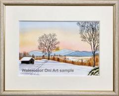 透明水彩画 原画 「雪景色・穏やかな朝」額縁付 SMサイズ 風景画