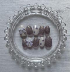 ネイルチップ フラッシュパープル 紫 ラベンダー 花 リボン 推し活