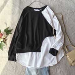美品(L)長袖シャツ/ドッキング/ロンT/異素材/ストレッチ/プルオーバー/黒