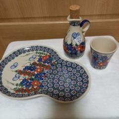 新品　ポーリッシュポタリー　お花畑　だるまプレート　フリーカップ　オイルビネガー 新品ポーリッシュポタリーお花畑だるまプレートフリーカップ