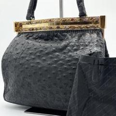 【極美品】ハマノ ハンドバッグ サンピエトロ オーストリッチ ビジュー ブラック