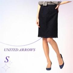 UNITED ARROWS／フラワー総レース タイトスカート ネイビー ひざ丈