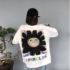 スマイル フラワー プリント 韓国ストリート オーバシルエット Tシャツ