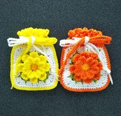 巾着ポーチ手編み ハンドメイドミニ巾着袋 Flowerモチーフ 2個セット
