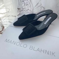 未使用 マノロブラニク ミュール ポインテッドトゥ 37 23.5cm相当 メイセールミュール◇37 24cm MANOLO BLAHNIKマノロブラニク黒