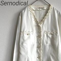 Sernodical シャツ ノーカラー Ｖネック パールボタン 花柄刺繍 薄手