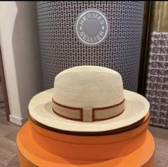 2022 SS HERMESストローハット 極美品☆HERMES エルメス ヘンプ100％ CARAMEL H刺繍入り