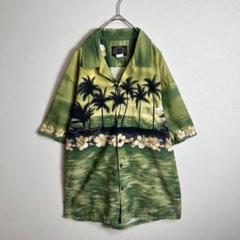 アロハシャツ　オープンカラー　ココナッツボタン　ビーチ　グリーン緑　ハイビスカス