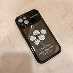 iPhoneカバー　14 黒　お花　ミラー