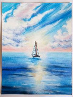 海　風景画　海の絵　海のアート　パステル画　絵画　船　インテリア　ハンドメイドのサムネイル