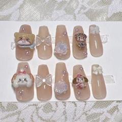 犬とリボンデザイン ネイルチップ 量産型ネイル ミッコ 女児ネイル 平成女児