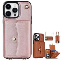 ☆iPhone13ProMaxケース財布型ショルダー＆リストストラップ付きピンク