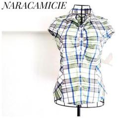 美品♡ナラカミーチェ 白×緑×青チェック さらさらストレッチシャツ M