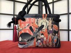 一閑張り　一閑張りバック　 面白柄　古布　シュール