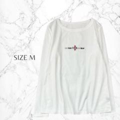 シンプル　飛行機　ワンポイント　刺繍　ボートネック　長袖　カットソー　M