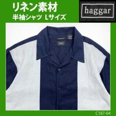 【ラッピング無料】 リネン×レーヨン】切り返し ロカビリー L◇古着 半袖シャツ トップス