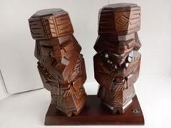 アイヌ木製彫刻像 二体セット(台座付き) 北海道工芸品