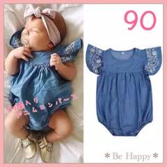 【新品】刺繍入りデニム ロンパース 90サイズ　 女の子 赤ちゃん 普段着a