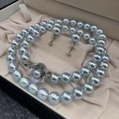 (照り強) あこや真珠 水色グレーパールネックレス silver刻印 イヤリング
