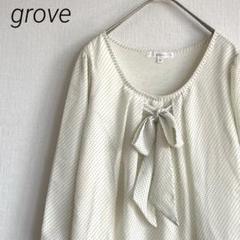 【美品】grove ブラウス クルーネック ドット柄 花柄刺繍 リボン レース