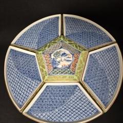 有田焼　龍峰窯　蓋付き　緑彩金欄手　金彩　　山水　オードブル皿　回転台付き