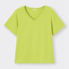 ジーユー　コットンVネックT(半袖)+E 綿100% 半袖Tシャツ（S）黄緑色