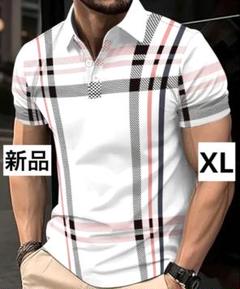 【新品/XLサイズ】ゴルフウェア 半袖 ポロシャツ メンズ Vネック チェック柄