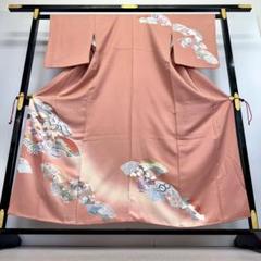 訪問着 扇 七宝紋様 華柄 青海波 金銀彩 サーモンピンク NK-1023